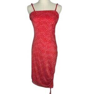 Red Floral Ruched Mesh Assymetrical Midi Dress Womens M Y2K Coquette 90s Beachy